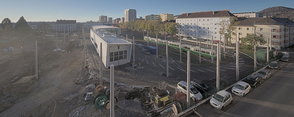 Livebild Baukamera 1 - Webcam 'Gesamtpanorama Nordseite' - Baustelle Adaptierung Remise Eggenberg, 8020 Graz (ca. 5 Minuteninterval)